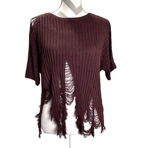 LOVE J Distressed Cropped Sweater Top Chocolate Brown Ribbed Short Sleeve S‎